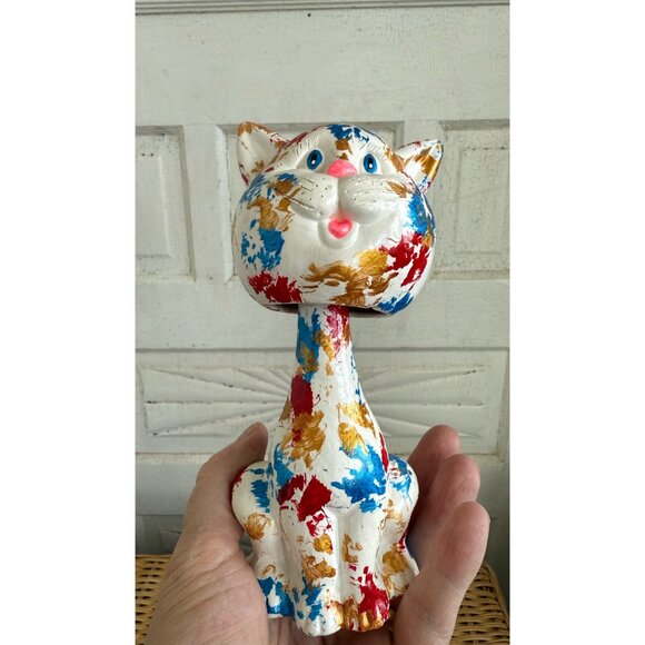 Vintage MCM Ceramic Nodder Bobber Head Cat Kitty Spatter Painted - Picture 3 of 10